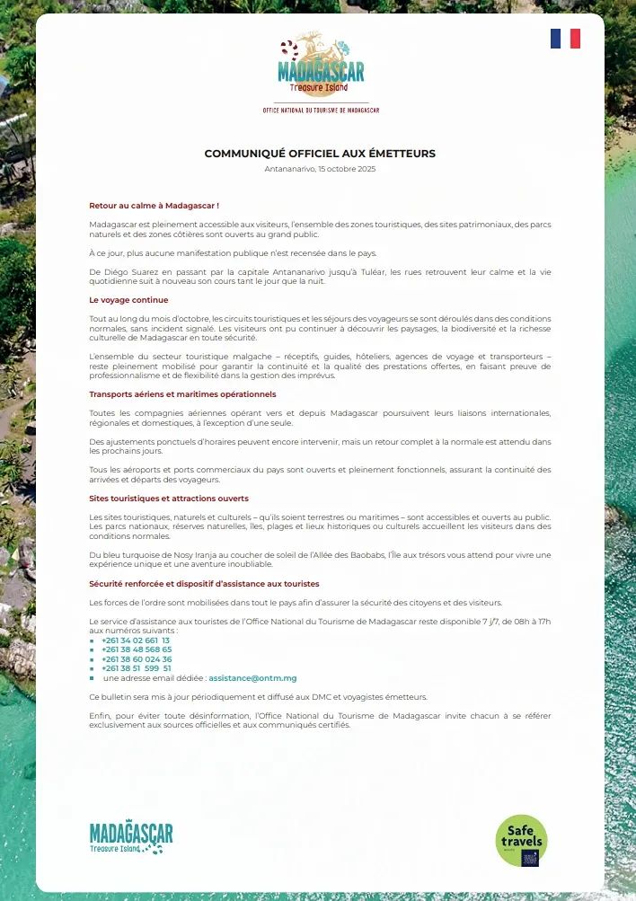 Official communication on the tourist security situation in Madagascar